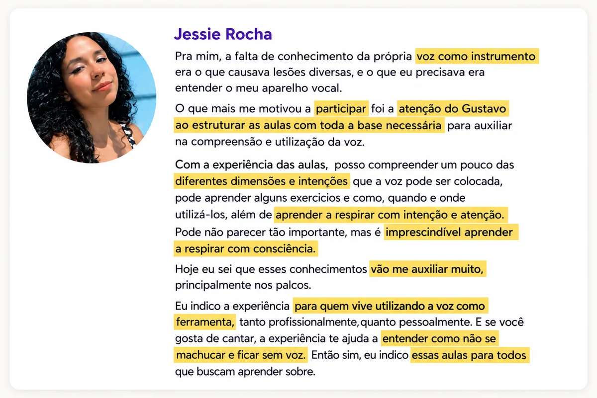 Depoimento de Jessie Rocha sobre aulas de voz